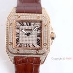 Iced Out Cartier Santos Diamond Watch Automatic Brown Leather Strap
